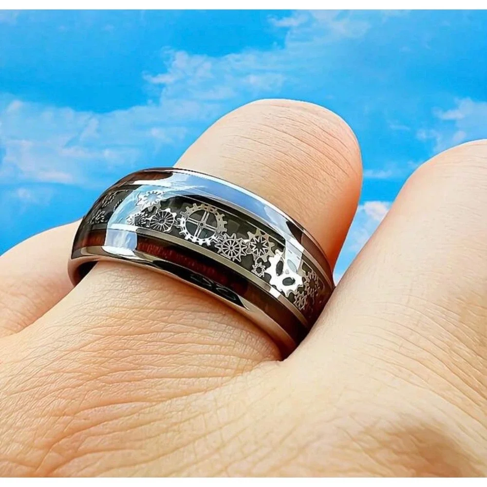Steampunk Gear Inlay Band Ring Silver Tone Industrial‎ Mechanical Clockwork Ring